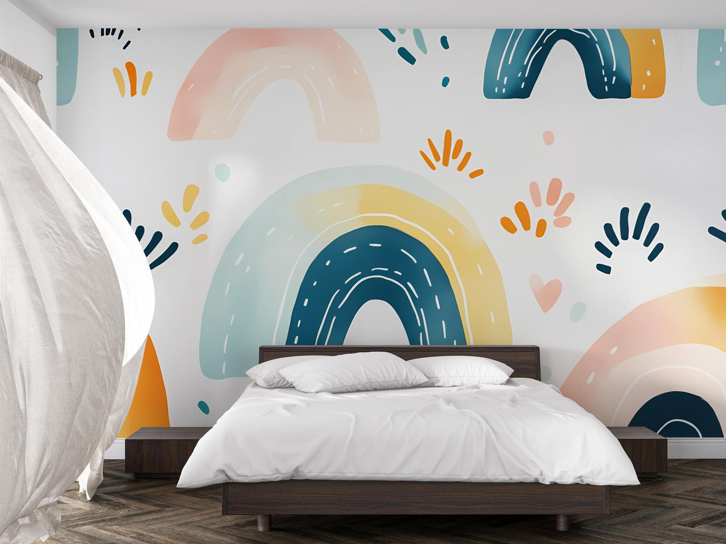 Boho Rainbow Wall Mural for Kids Room | Modern Geometric Removable Wallpaper | Playroom Accent Wall Art Décor | Peel & Stick Vn394