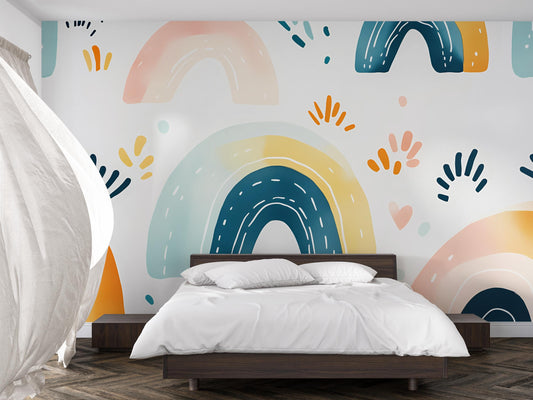 Boho Rainbow Wall Mural for Kids Room | Modern Geometric Removable Wallpaper | Playroom Accent Wall Art DΓ©cor | Peel & Stick Vn394