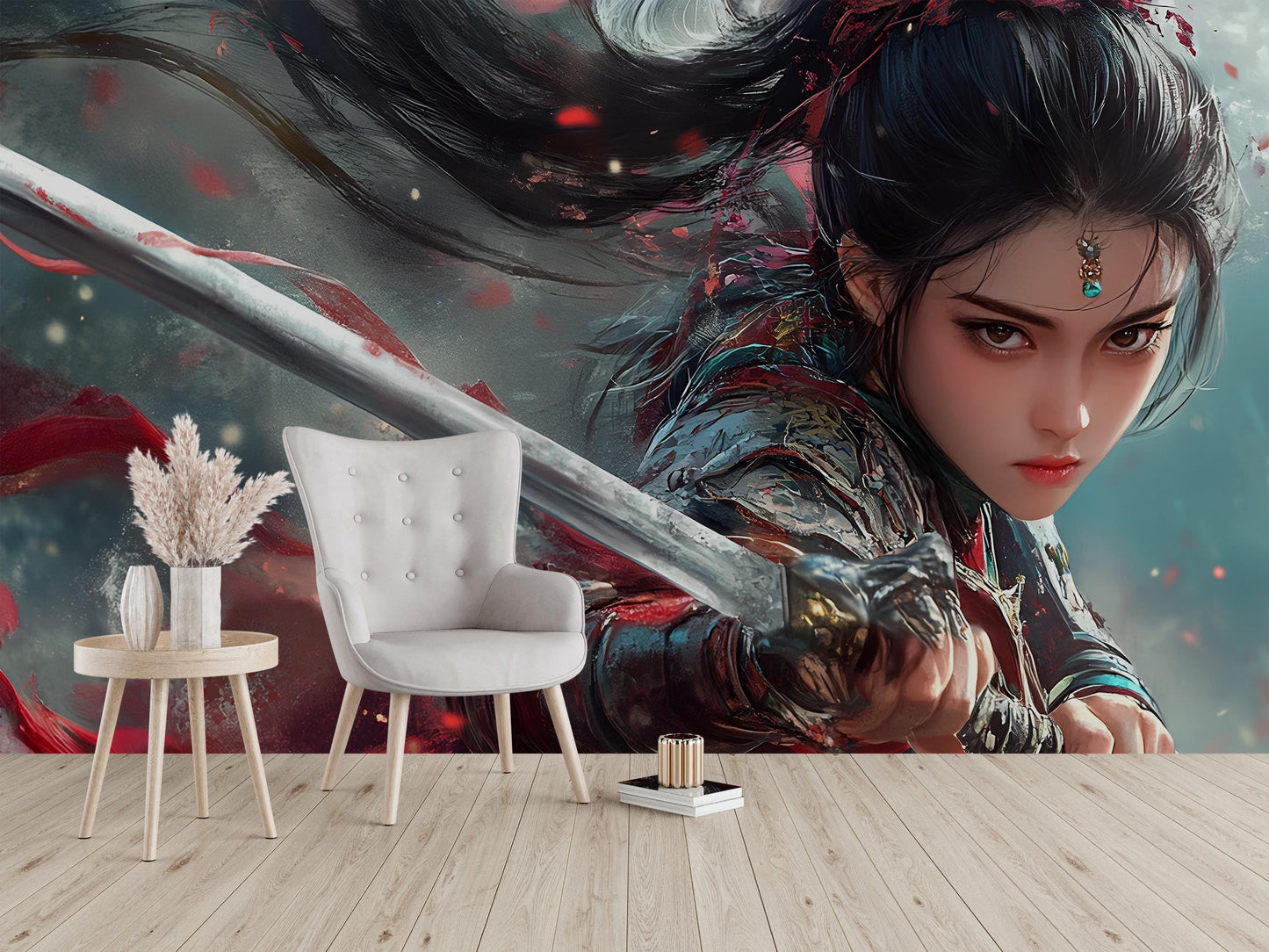 Fantasy Warrior Wall Mural – Anime Samurai Girl Art | Epic Battle Scene Wallpaper | Asian Warrior Decor | Sword Girl Wall Print Vn360