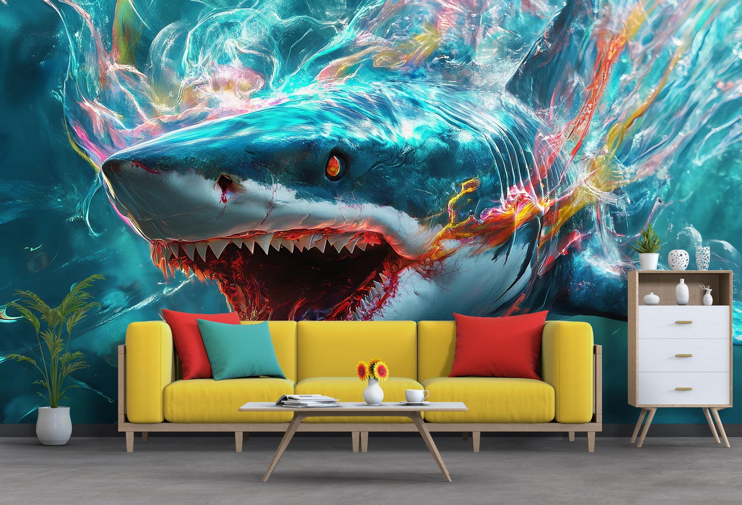 Fierce Shark Wall Mural – 3D Abstract Ocean Art Wallpaper for Living Room, Underwater Creature Decor, Bold Fantasy Wall Art  Vn384