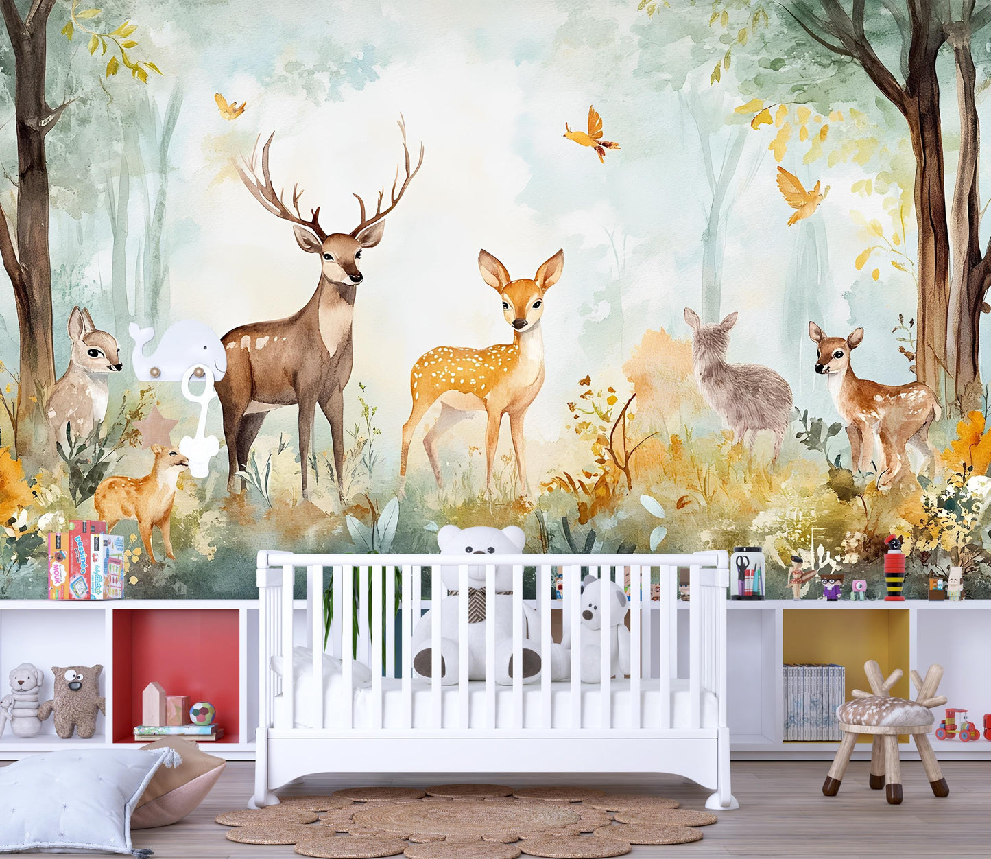 Woodland Deer Wall Mural for Kids Room – Forest Animal Nursery Wallpaper – Removable Jungle Nature Theme Décor Vn339