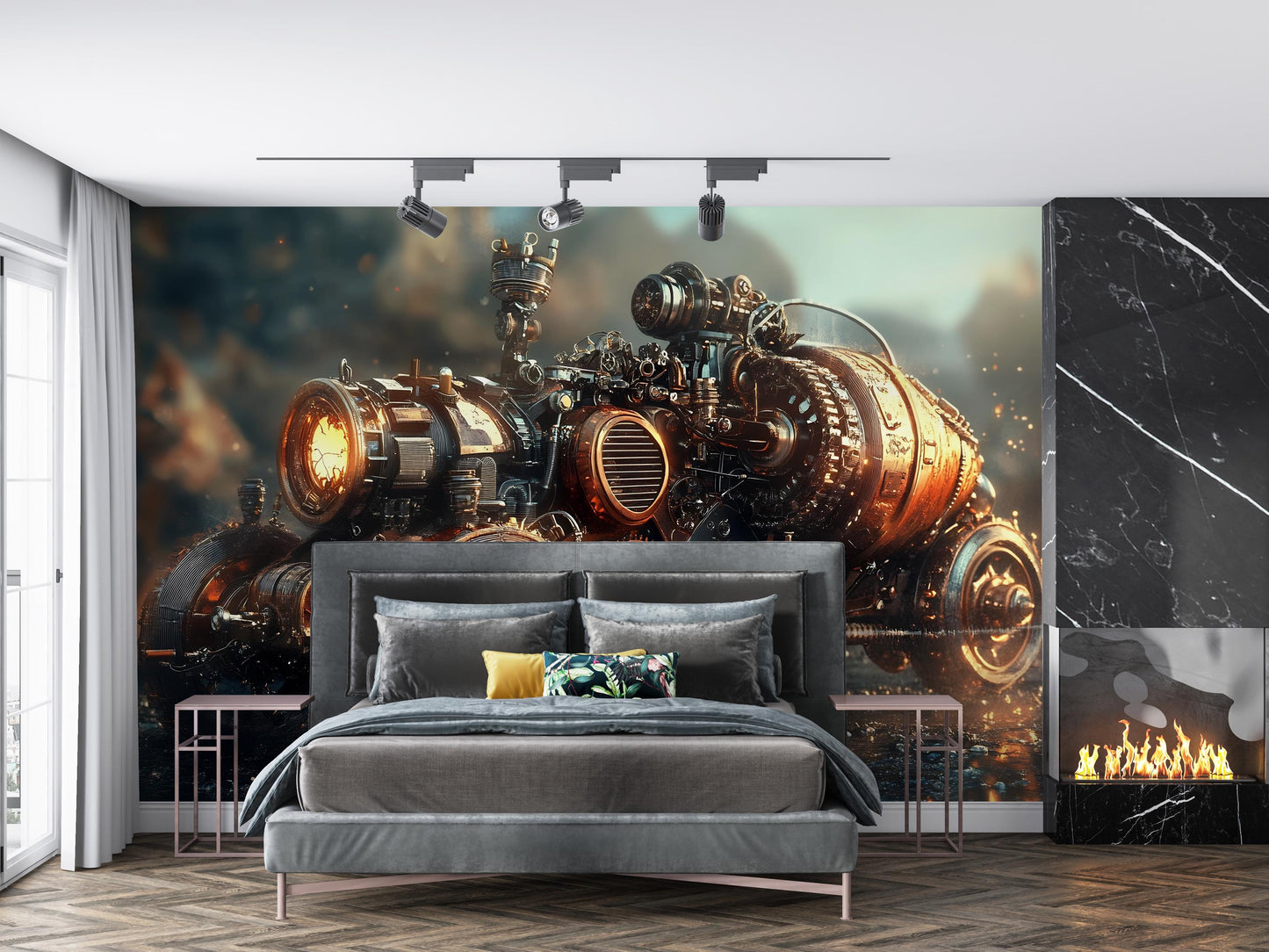 Steampunk Engine Wall Mural – Industrial Futuristic Art Print | Sci-Fi Bedroom Decor | Dark Fantasy Wall Art | Steampunk Home Accent Vn377