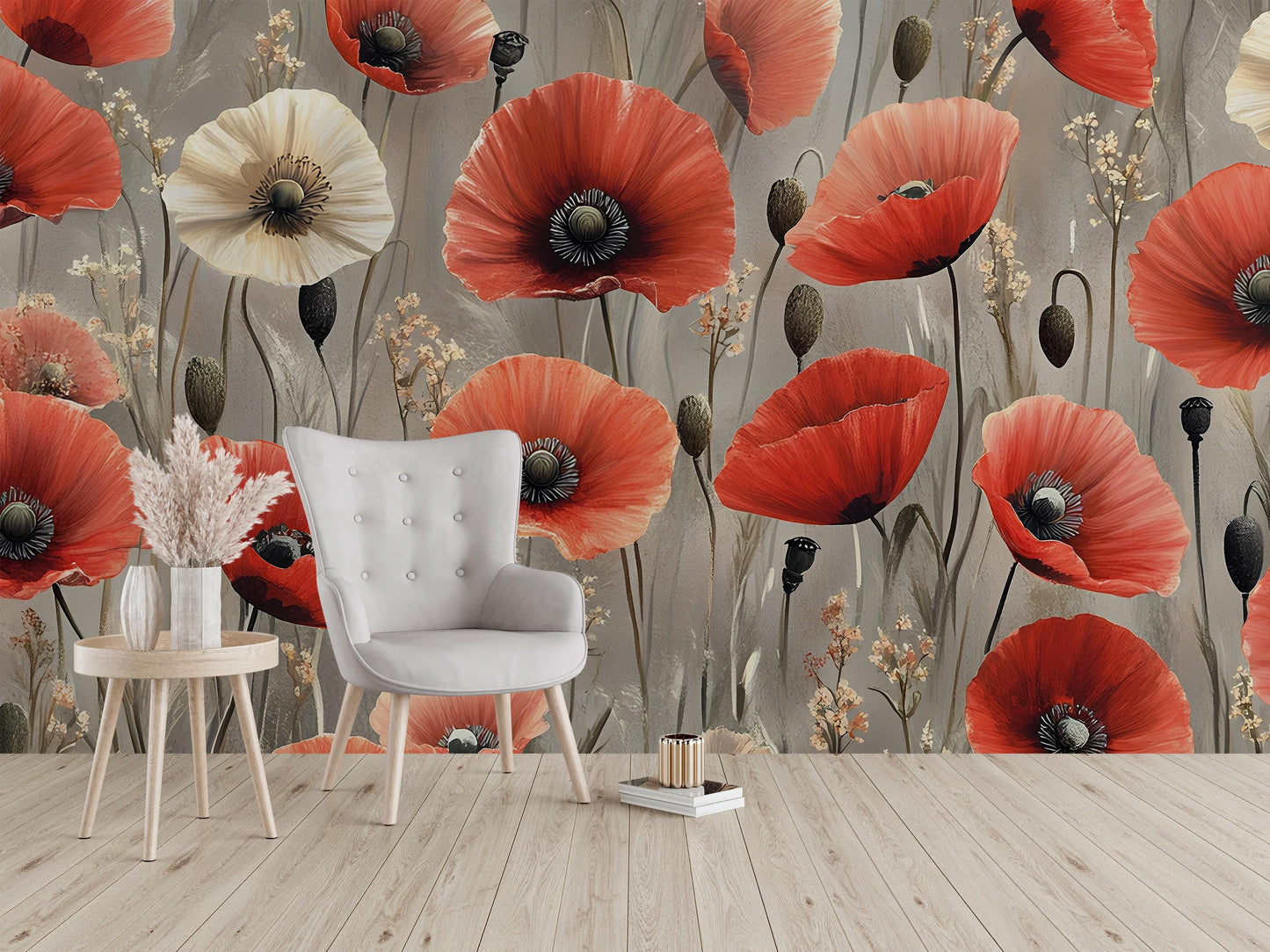 Poppy Flower Wall Mural – Red & Beige Floral Wallpaper – Modern Botanical Wall Art Vn328