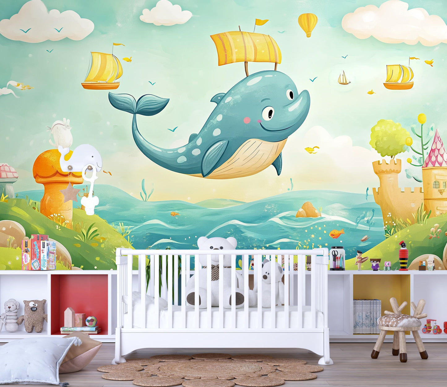 Flying Whale Wall Mural | Fantasy Ocean Kids Wallpaper | Cute Animal Nursery Decor | Magical Sea Scene Art for Playroom or Bedroom Vn439