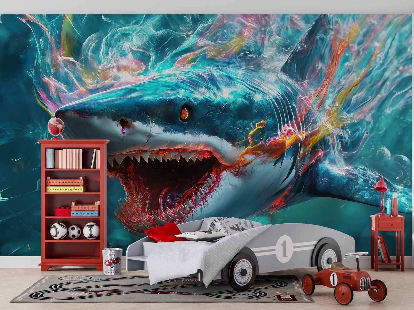 Fierce Shark Wall Mural – 3D Abstract Ocean Art Wallpaper for Living Room, Underwater Creature Decor, Bold Fantasy Wall Art  Vn384