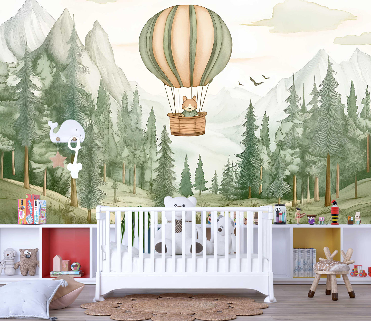 Whimsical Forest Hot Air Balloon Wall Mural – Woodland Animal Nursery Wallpaper – Cute Scenic Kids Room Décor Vn445