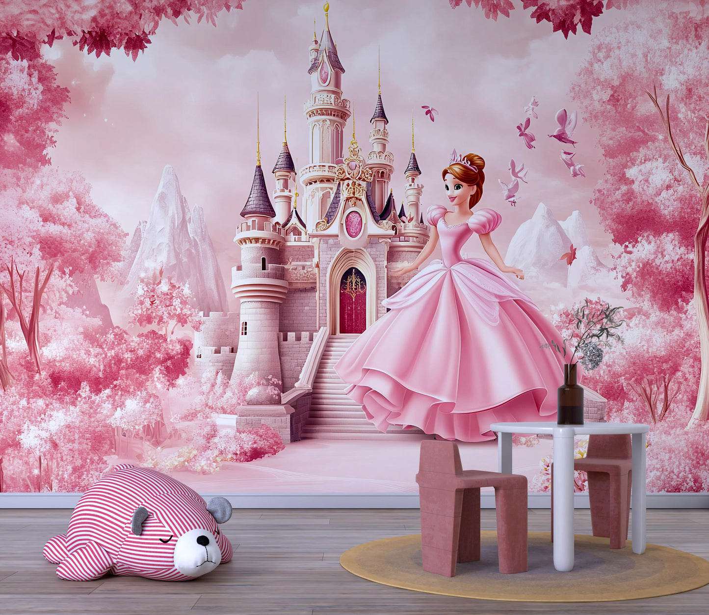 Princess Castle Wall Mural for Girls Room – Pink Fairy Tale Wallpaper with Princess – Kids Bedroom Decor, Nursery Wall Art Vn357