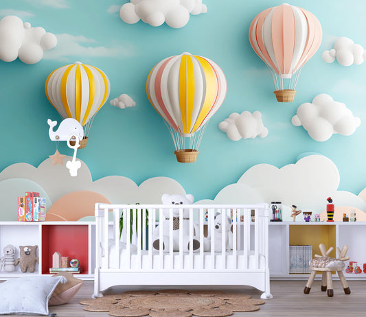 Whimsical Hot Air Balloon Nursery Wall Mural | 3D Cloud Kids Room Decor | Colorful Baby Room Wallpaper | Playroom Backdrop Art Print Vn379