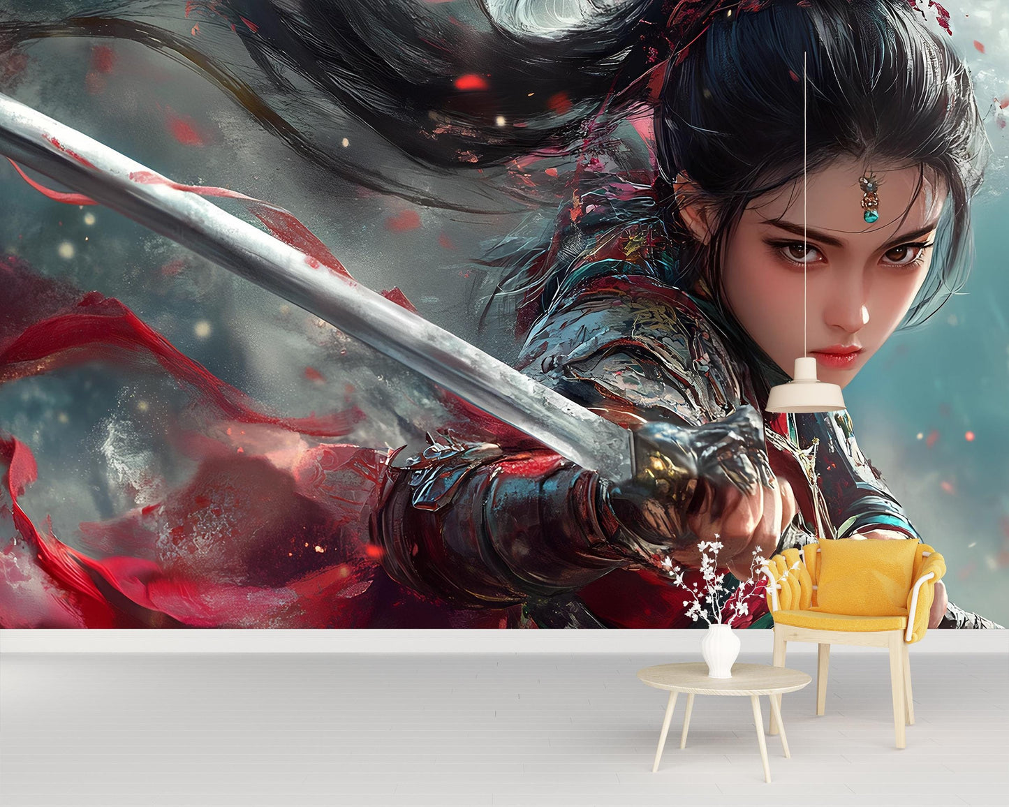 Fantasy Warrior Wall Mural – Anime Samurai Girl Art | Epic Battle Scene Wallpaper | Asian Warrior Decor | Sword Girl Wall Print Vn360