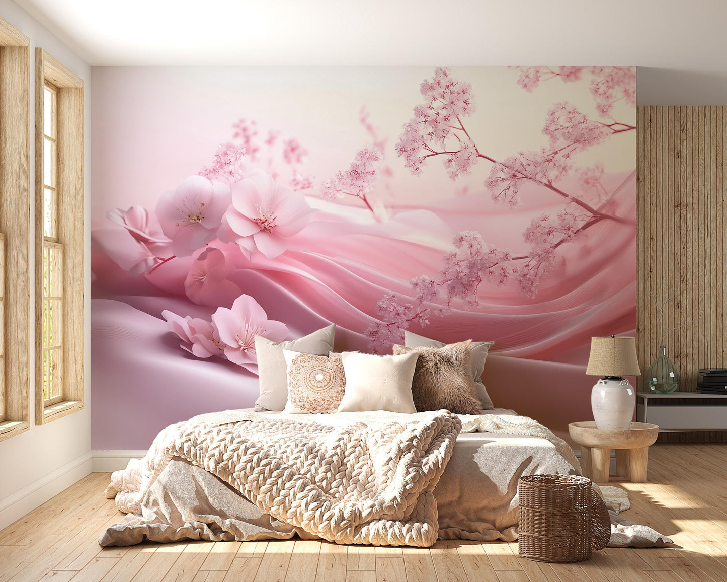 Pink Sakura Blossom Wall Mural – Romantic Floral Wallpaper – Japanese Cherry Blossom Bedroom Decor – Soft Pastel Aesthetic Vn271