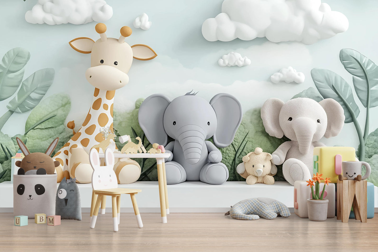 Safari Nursery Wall Art, Jungle Animal Mural Wallpaper, Giraffe Elephant Baby Room Decor, Cute Animal Wall Decal Vn432