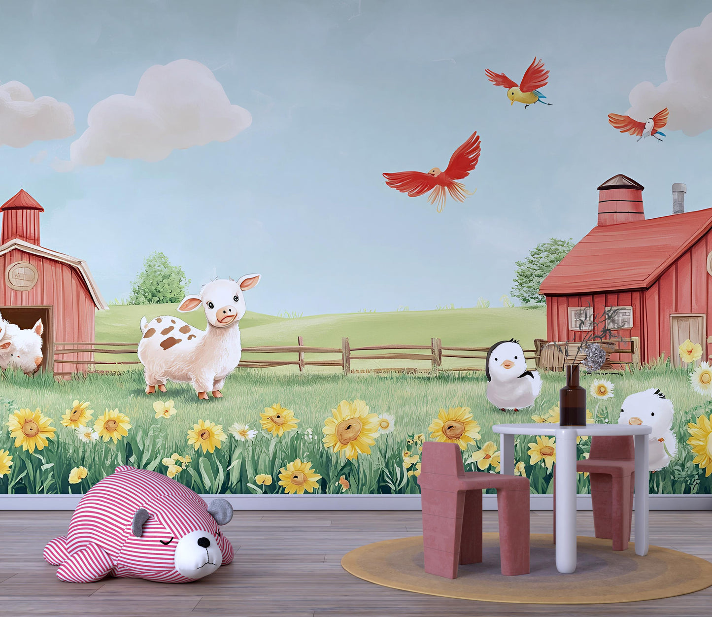 Farm Animal Wall Mural for Kids Room – Cartoon Barnyard Wallpaper with Piglet, Birds, Sunflowers – Nursery Farm Theme Decor Vn317