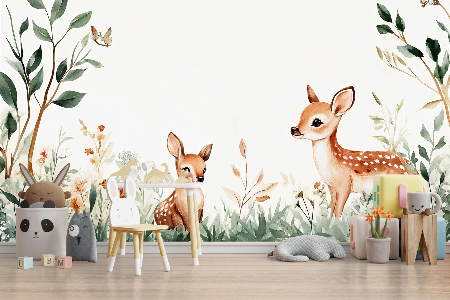 Whimsical Deer Wall Mural for Nursery – Woodland Baby Room Décor – Removable Vinyl Sticker – Forest Animal Vn340