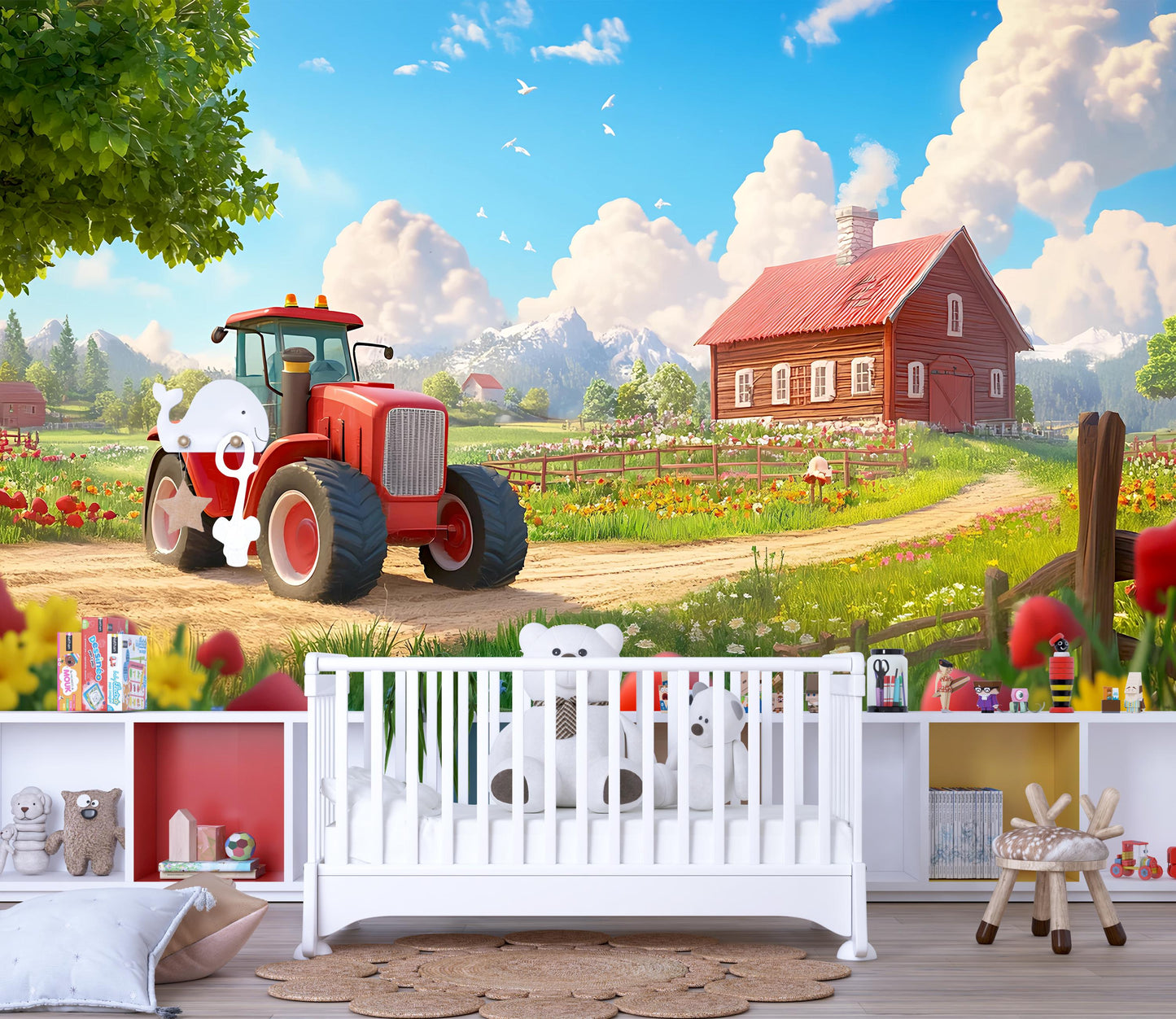 Farm Nursery Wall Art – Red Tractor & Barn Landscape Mural – Country Baby Room Decor for Boys or Girls Vn316