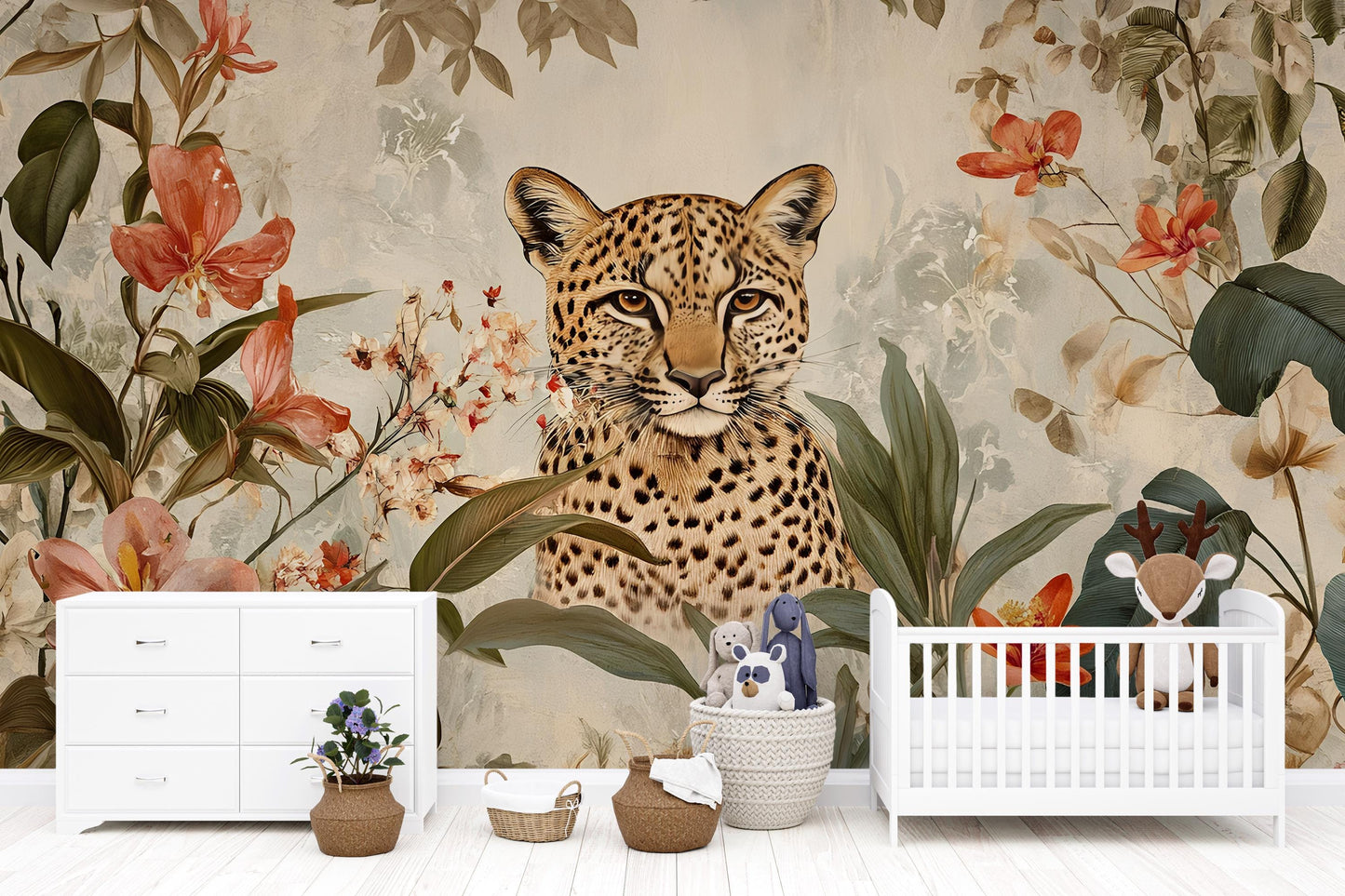 Leopard Jungle Mural Nursery Wallpaper - Safari Animal Wall Art - Botanical Baby Room Decor Vn212