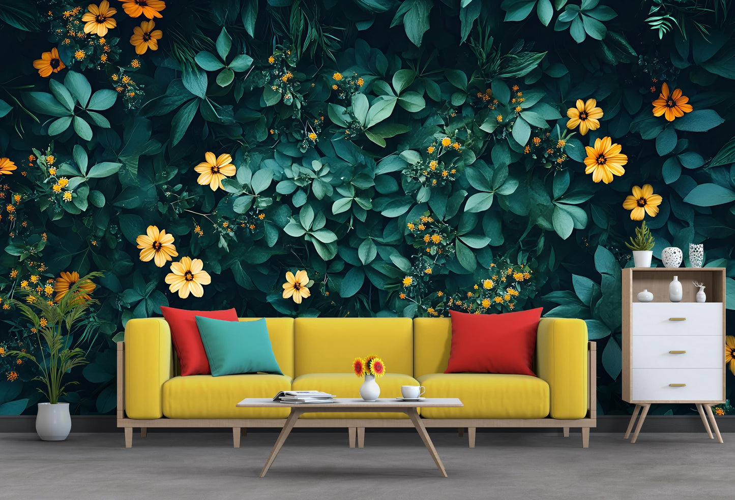 Floral Jungle Wall Mural | Yellow Flowers Botanical Wallpaper | Lush Leafy Nature Art | Modern Botanical Living Room Decor Vn208