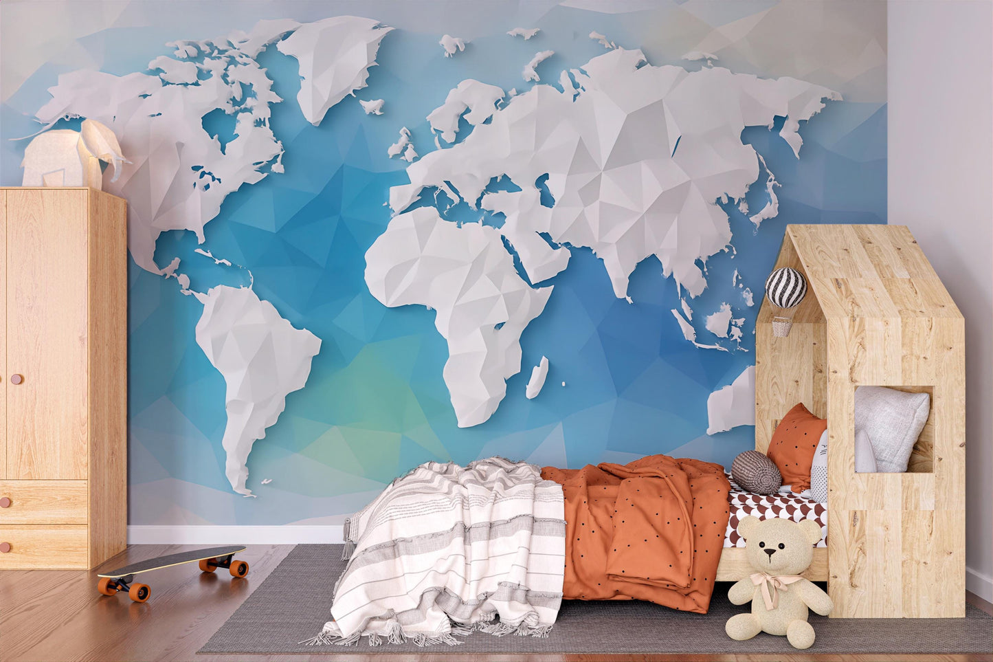 3D Polygon World Map Wall Mural – Modern Geometric World Map Wallpaper for Office, Kids Room, or Travel Decor Vn422