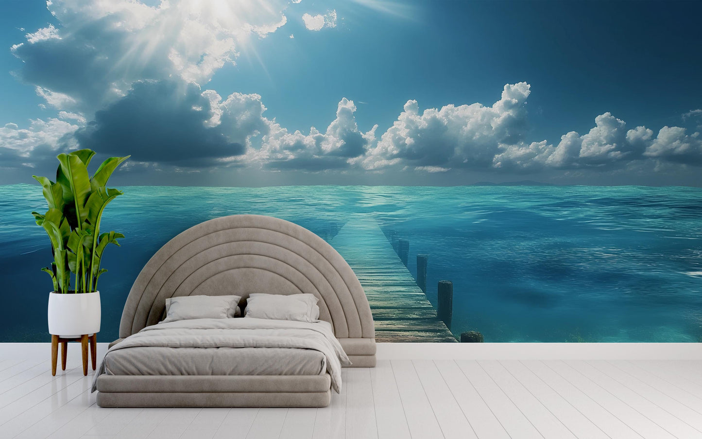 Ocean Dock Wall Mural – Tranquil Seascape Wallpaper for Bedroom, 3D Pier to Horizon, Beach Scene Wall Art, Coastal Home Decor Vn287