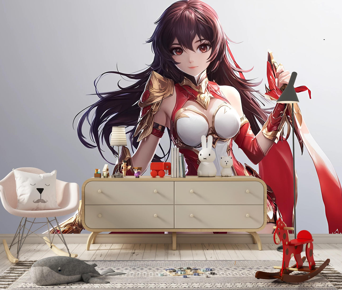 Anime Warrior Girl Wall Mural – Red Armor Fantasy Art for Kids Room, Teen Bedroom Decor, Gamer Wall Poster Vn361