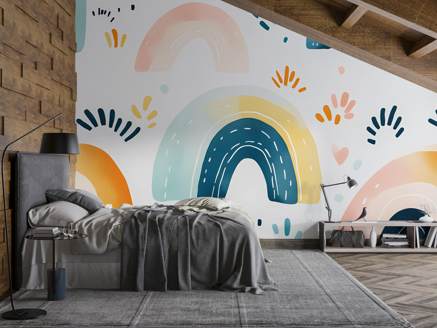 Boho Rainbow Wall Mural for Kids Room | Modern Geometric Removable Wallpaper | Playroom Accent Wall Art Décor | Peel & Stick Vn394