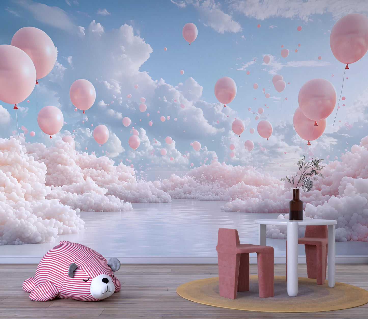 Pink Balloon Cloud Nursery Wall Mural – Dreamy Sky Baby Room Wallpaper Vn256
