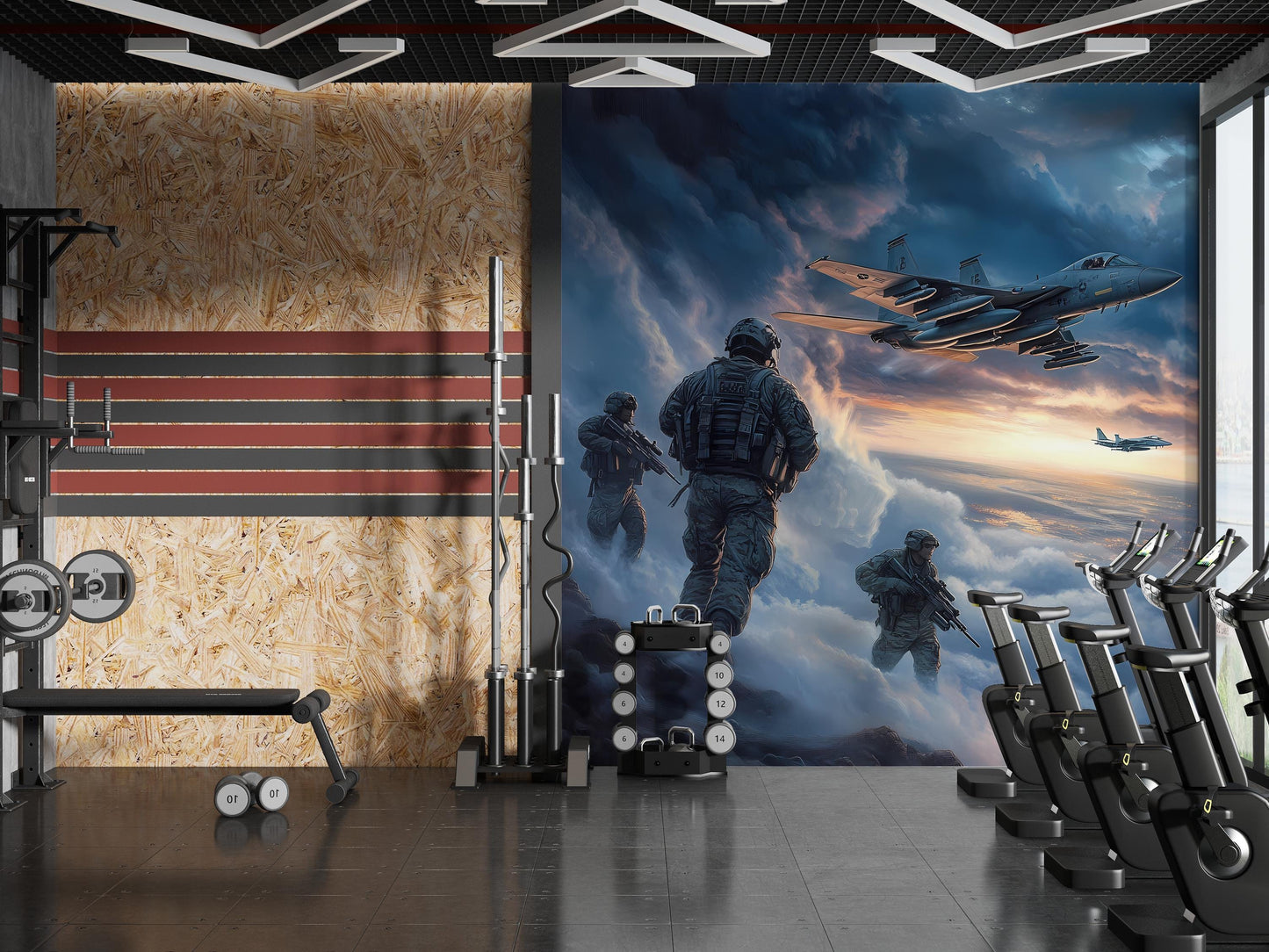 Military Gym Wall Art | Fighter Jet & Soldier Mural | Tactical Motivation Poster | Home Gym Decor | Warplane Canvas Print Vn103