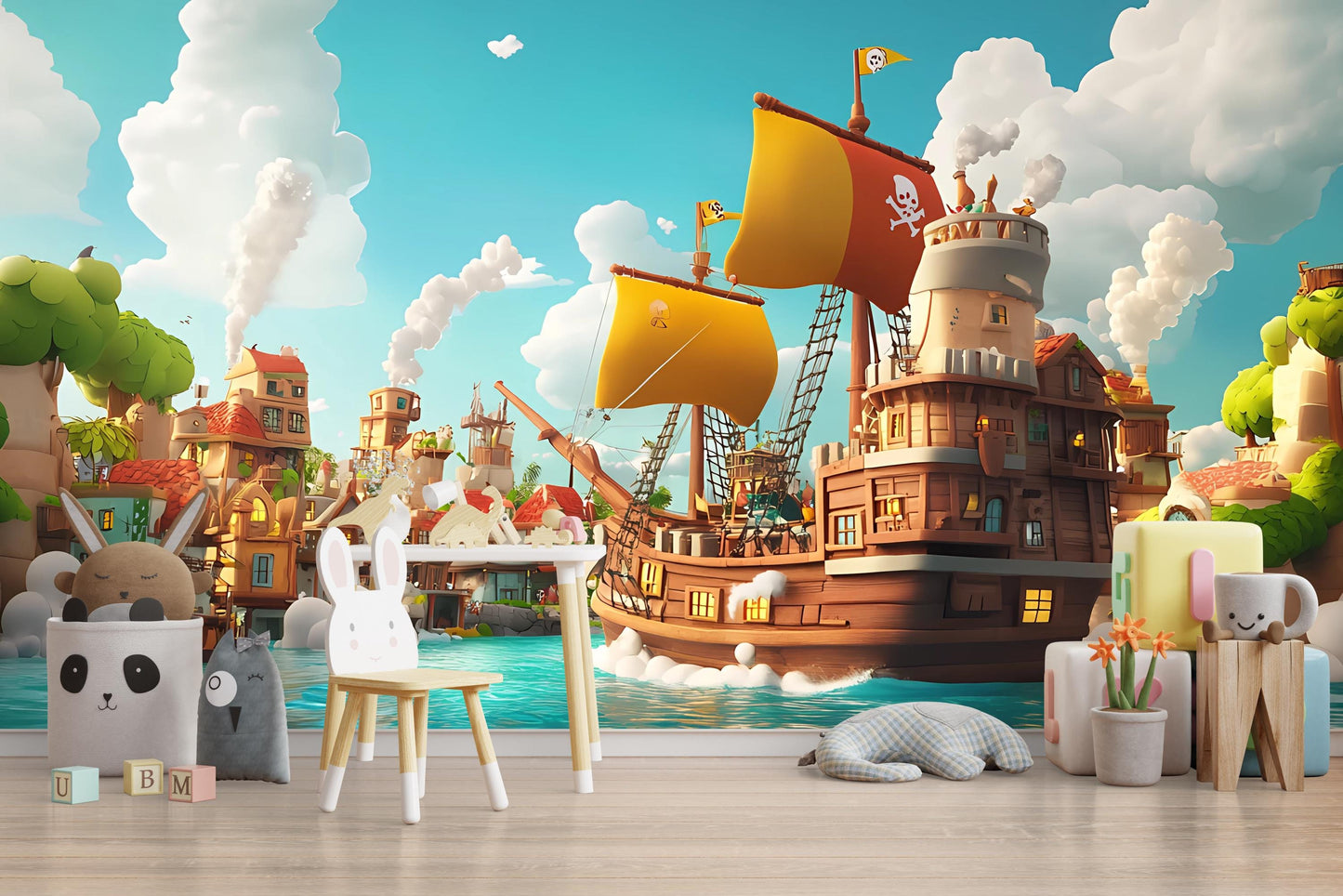 Pirate Ship Nursery Wall Mural, Ocean Adventure Wallpaper, Kids Pirate Room Decor Vn 304