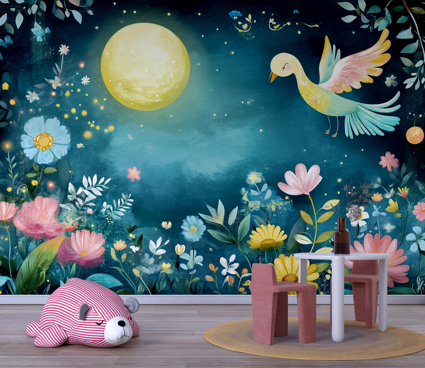 Whimsical Floral Bird Kids Wall Mural – Moonlit Garden Nursery Wallpaper – Colorful Nature Theme Playroom Art Vn434