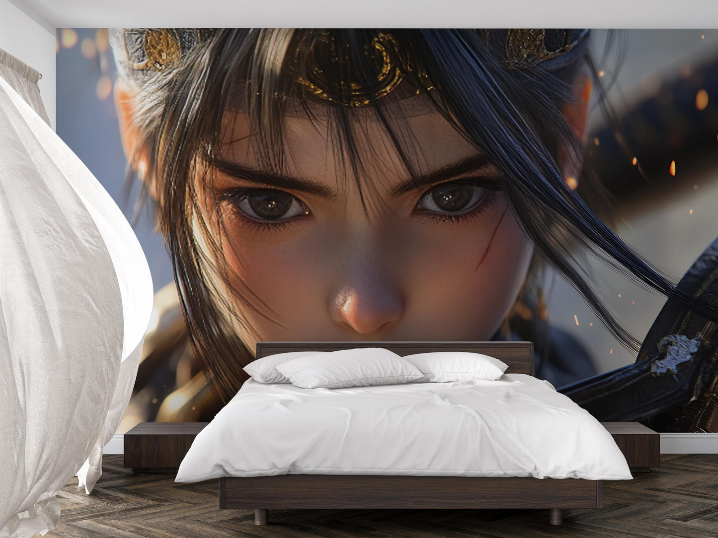 Fantasy Warrior Girl Wall Mural - Anime Style Face Close-Up Art for Bedroom Decor, Epic Gaming Room Tapestry Accent Wallpaper Vn362