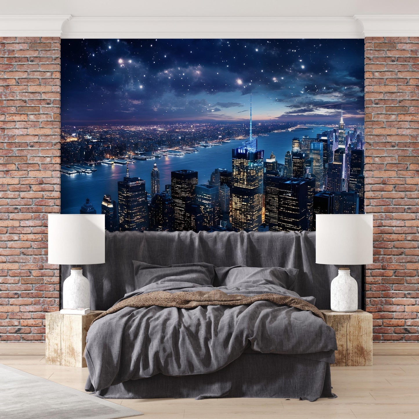 City Skyline Night Wall Mural – New York Cityscape Wallpaper – Urban Night View – Large Wall Art for Bedroom or Living Room Décor Vn012