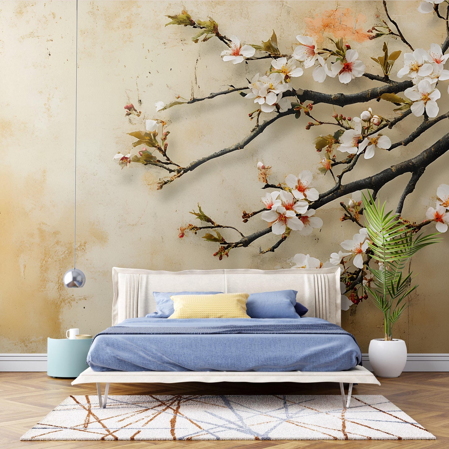 Cherry Blossom Wall Mural – Japanese Floral Branch Wallpaper for Bedroom Decor, Elegant Nature-Inspired Accent Wall Art Vn489