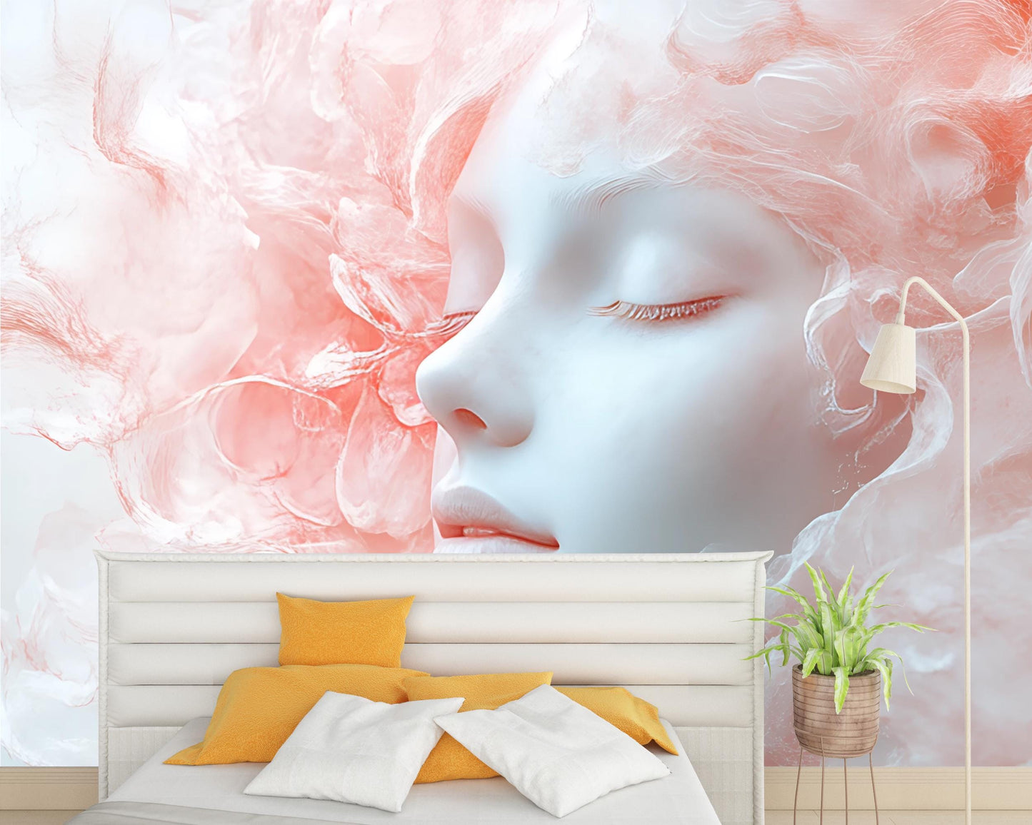 Dreamy Face Wall Mural – Ethereal Pink Smoke Art, Feminine Abstract Bedroom Decor Vn270