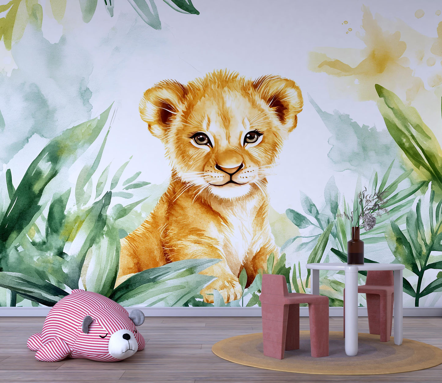 Watercolor Lion Cub Jungle Wall Mural for Kids Room Nursery Safari Animal Wallpaper Vn345
