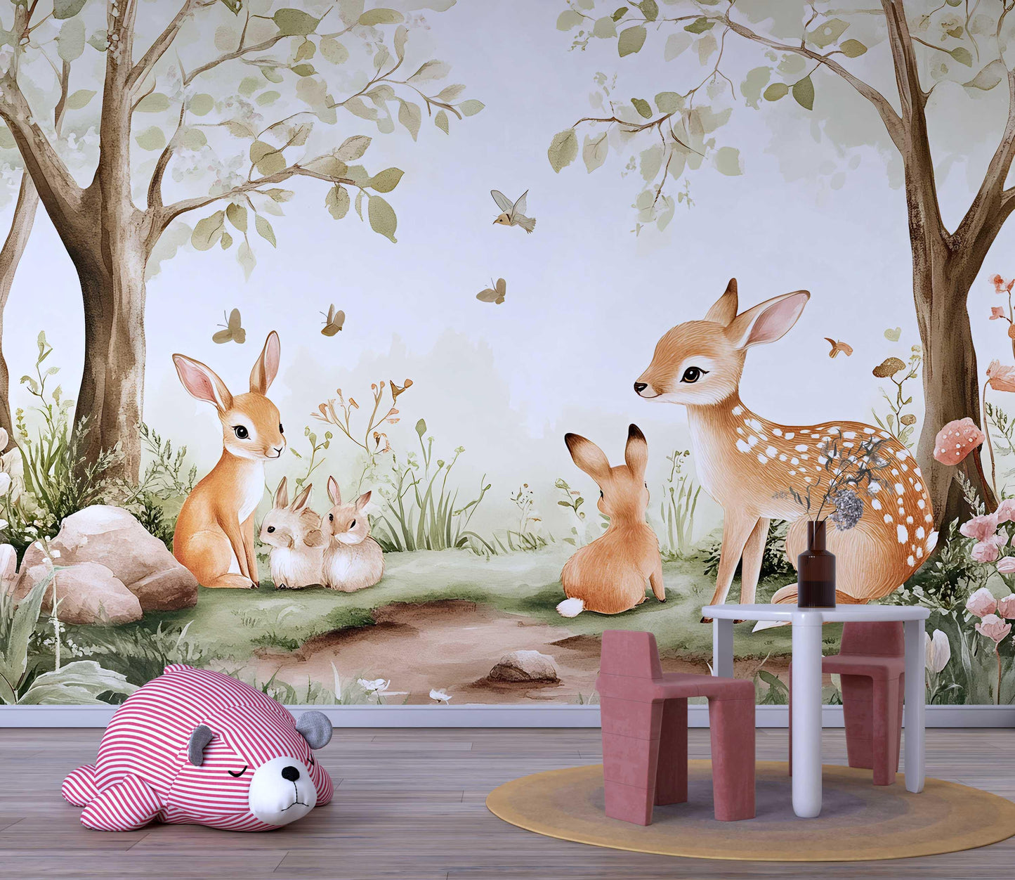 Woodland Animal Nursery Wall Mural – Cute Deer, Bunnies & Forest Scene Wallpaper for Baby Room, Gender Neutral Nursery Decor Vn449