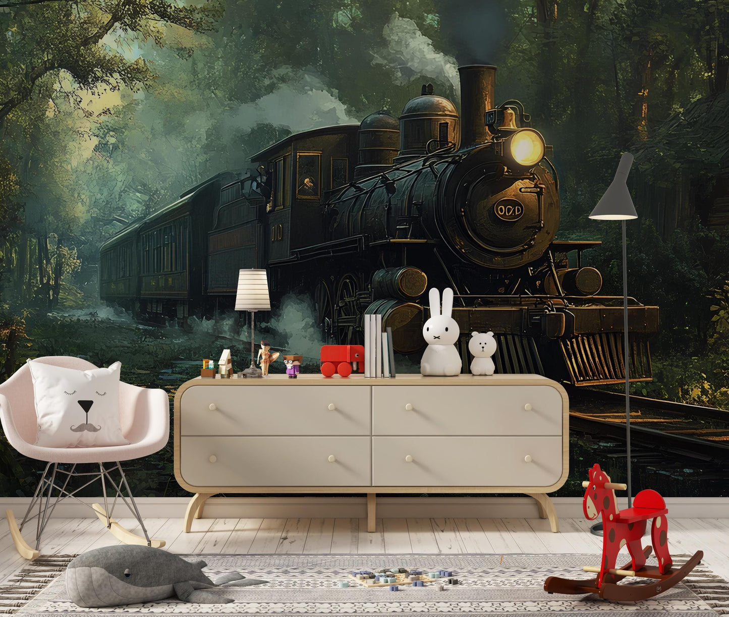 Vintage Steam Train Wall Mural for Kids Room – Adventure Forest Railway Wallpaper Vn224