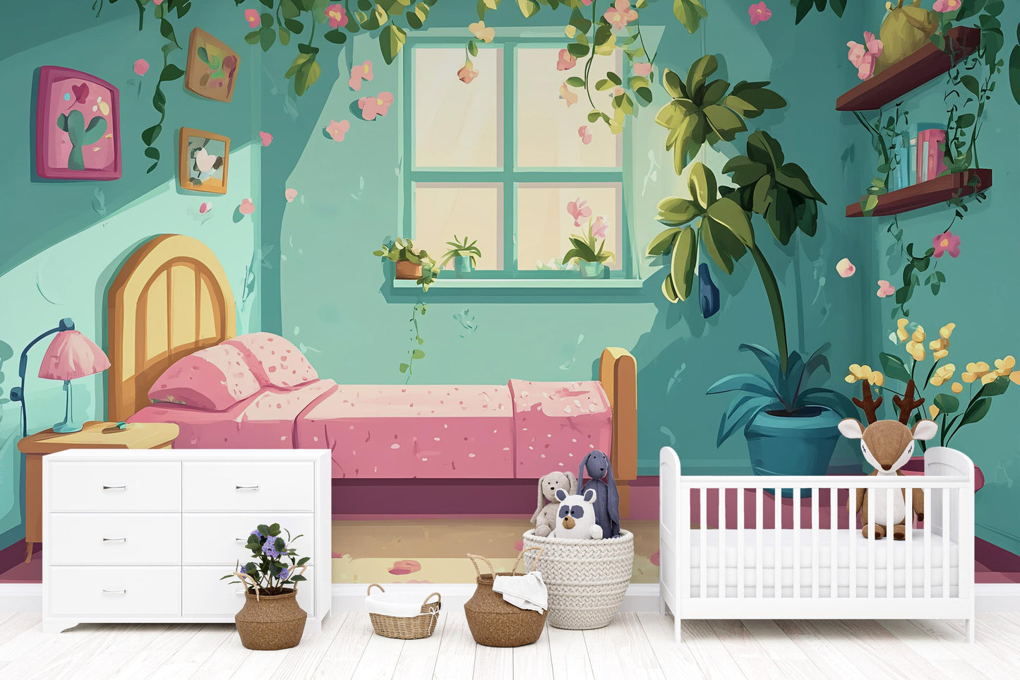 Whimsical Girls Room Wall Mural – Pink Floral Garden Bedroom Decor, Indoor Nature Scene Art Vn440