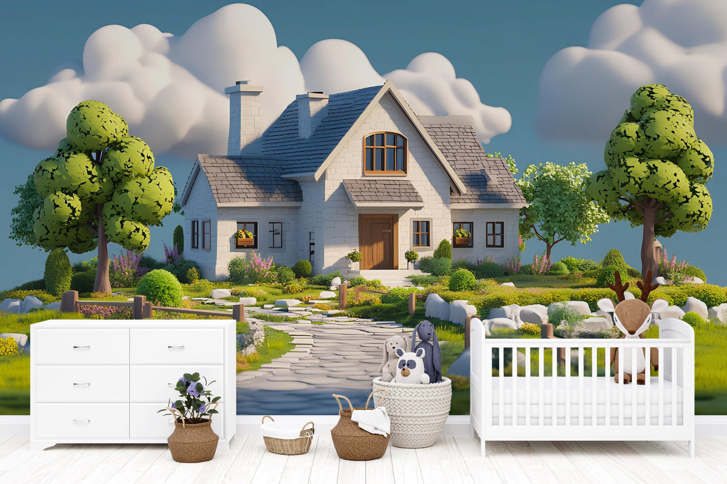 Whimsical Cottage Wall Mural for Kids Room – Cozy Fantasy House with Trees & Clouds Vn243