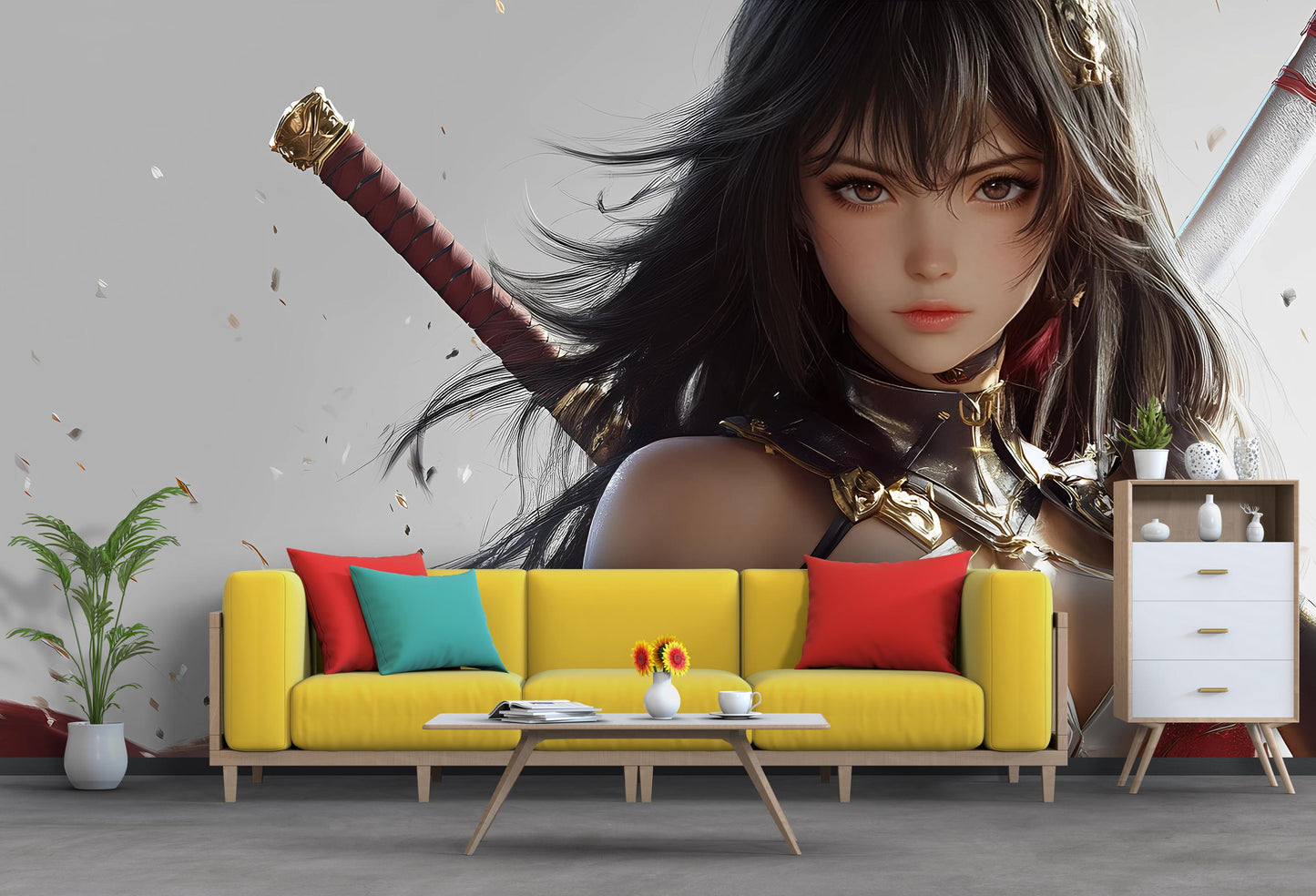 Anime Warrior Girl Wall Mural – Fantasy Sword Art Poster – Japanese Samurai Female Art Print – Modern Anime Home Decor Vn356