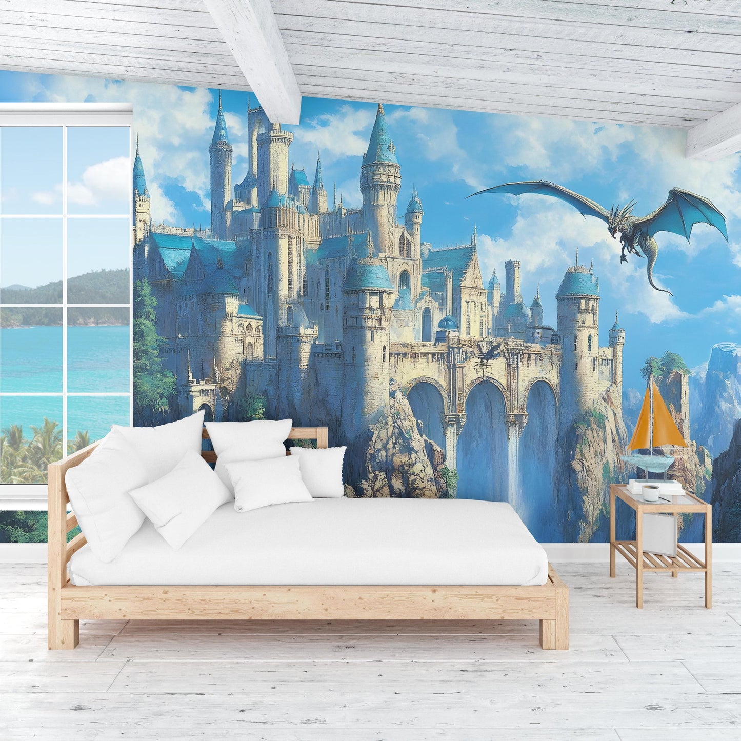 Fantasy Castle Nursery Wall Mural – Dragon & Castle Baby Room Art, Fairytale Themed Wallpaper for Kids Room or Nursery Decor Vn027