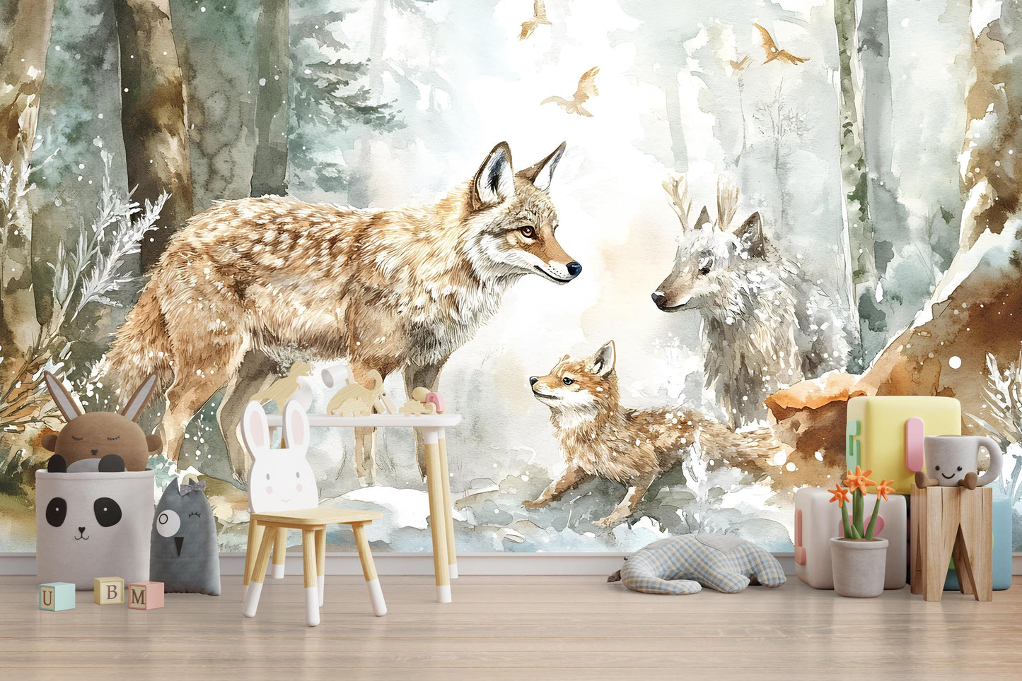 Woodland Animal Wall Mural for Kids Room – Forest Fox Deer Cub Wallpaper – Neutral Nursery Décor – Cozy Scandinavian Style Art Vn342