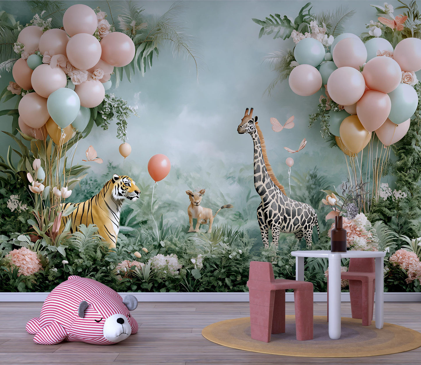Safari Jungle Nursery Wall Art – Giraffe, Tiger, Balloons & Pastel Animals Mural for Baby Room, Kids Safari Theme Decor Vn044