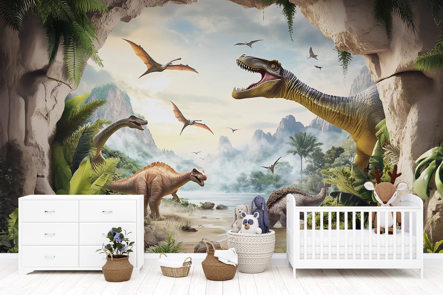 Dinosaur Nursery Wall Mural - Prehistoric Jungle Wallpaper for Baby Room, Boys Room Decor - Dino Theme Nursery Art Backdrop Vn403