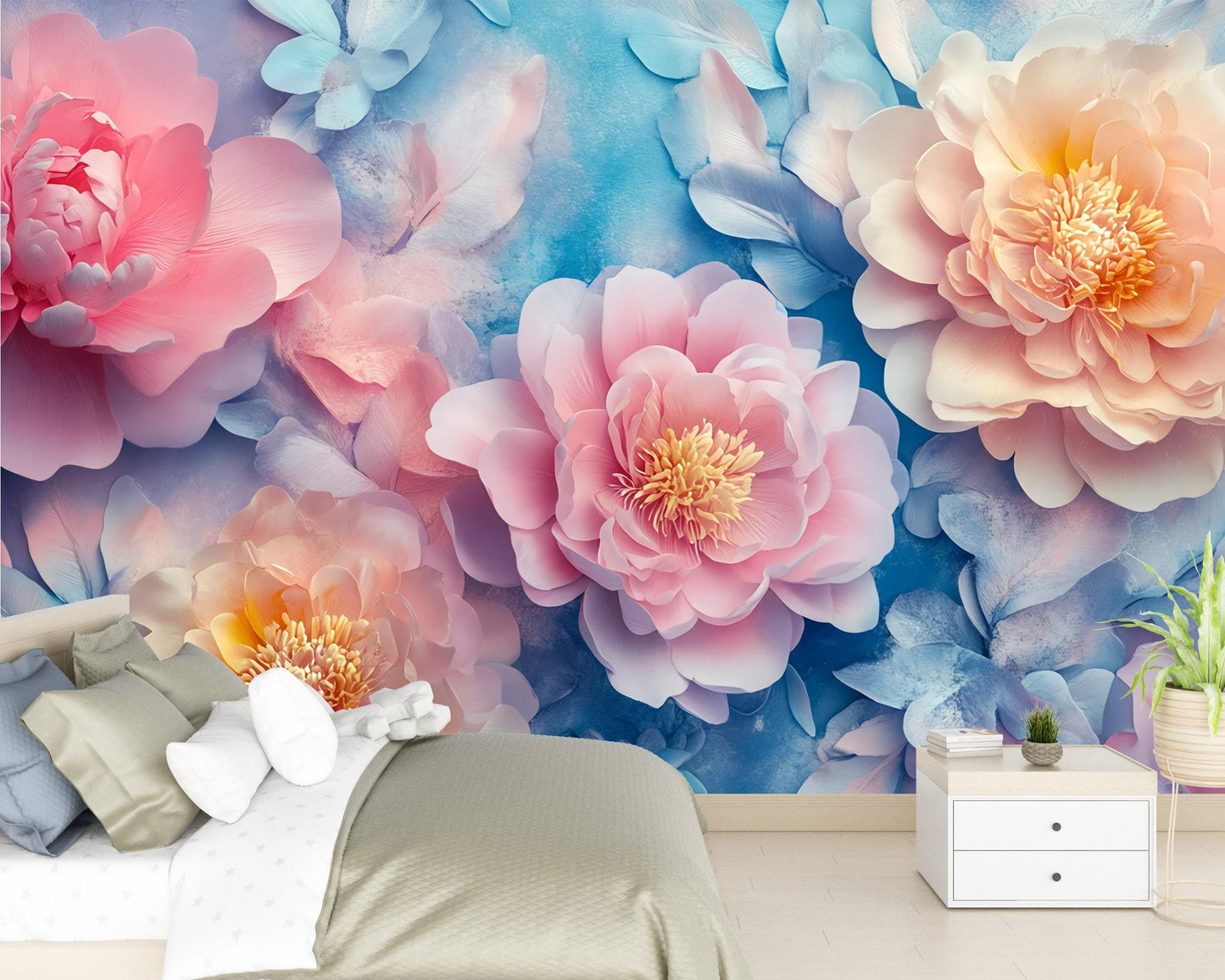 Large Floral Wall Mural | Pink Peony Flower Wallpaper | Romantic Botanical Bedroom Decor Vn470