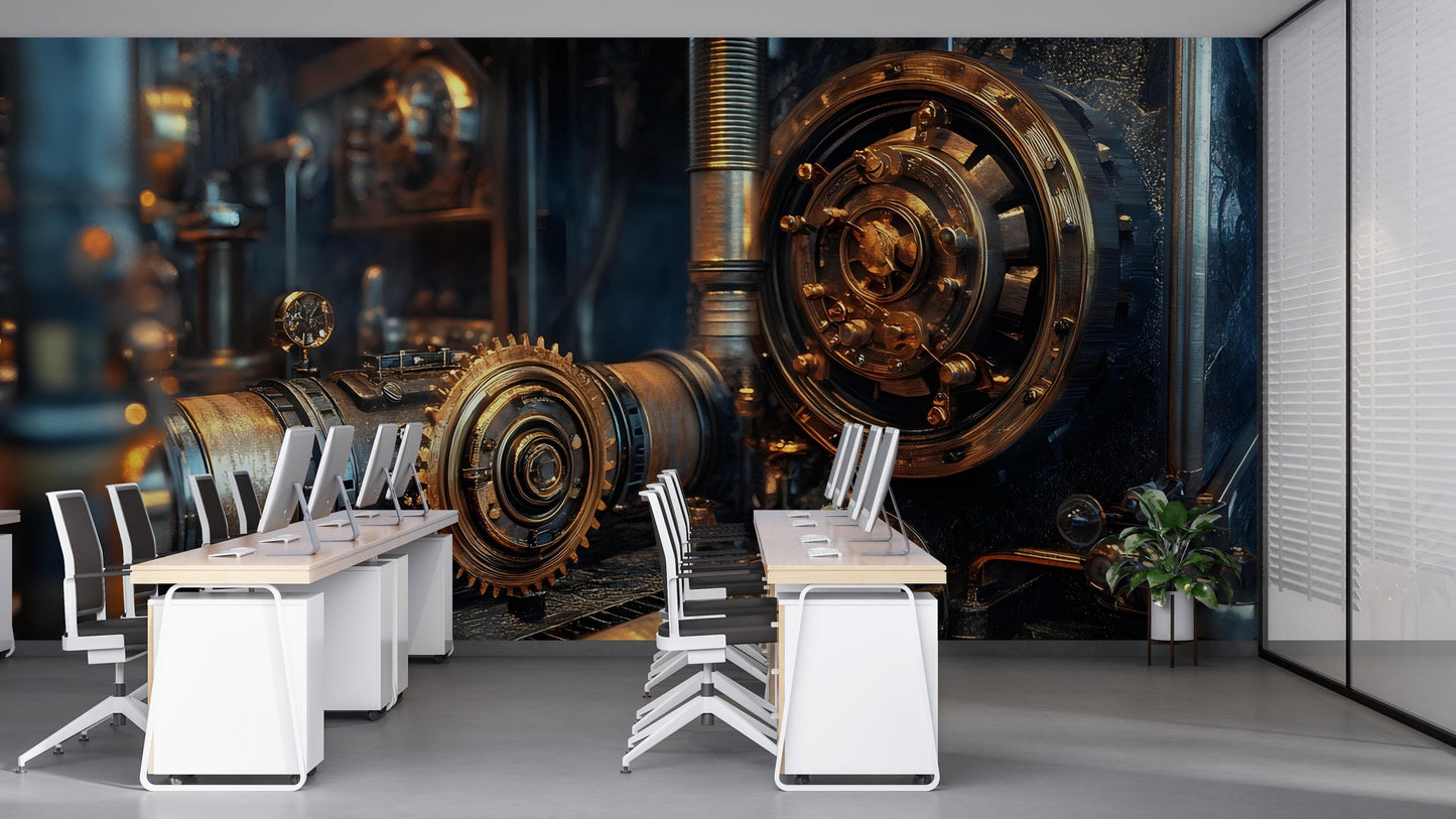 Steampunk Industrial Gear Wall Mural – Retro Mechanical Machine Art, Sci-Fi Decor for Office, Loft, or Studio Accent Wall Vn383