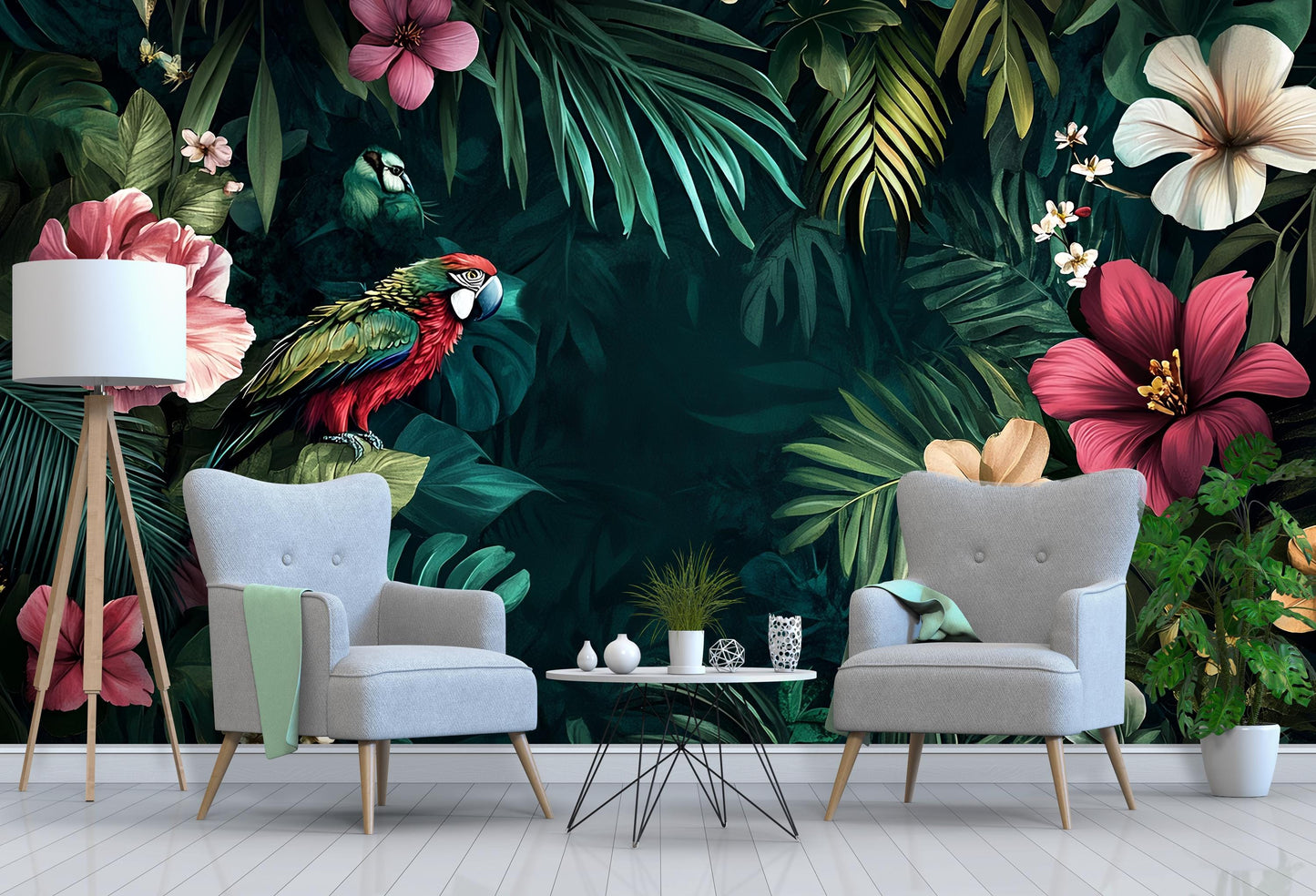 Tropical Parrot Jungle Wall Mural – Exotic Floral Wallpaper with Hibiscus & Macaw for Living Room or Office Accent Wall Vn214