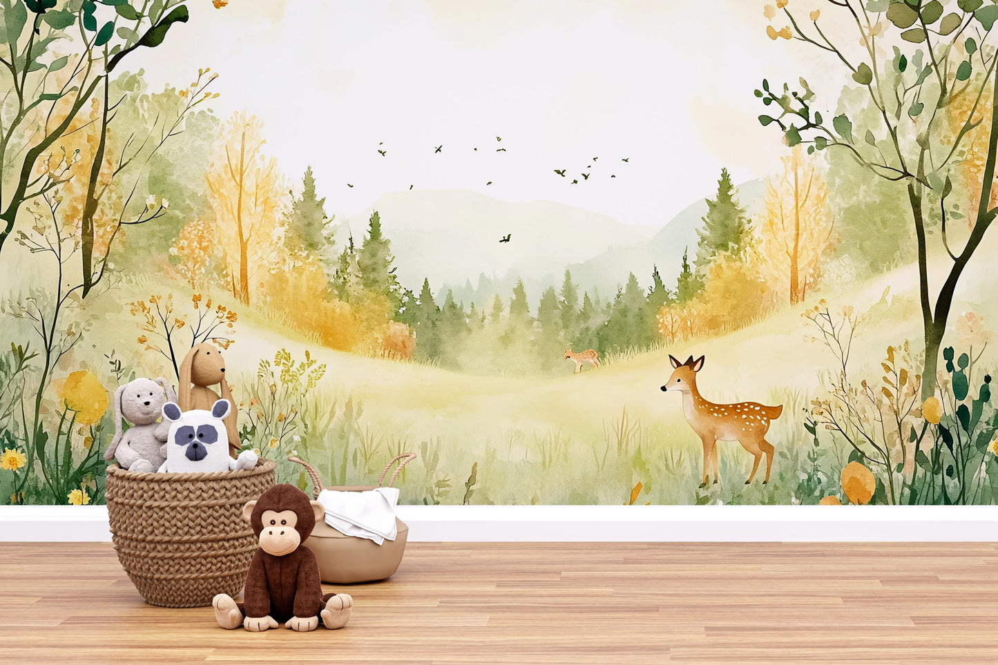 Woodland Forest Nursery Wall Mural – Nature Themed Wallpaper for Baby Room, Gender Neutral Scenic Wall Art Vn261