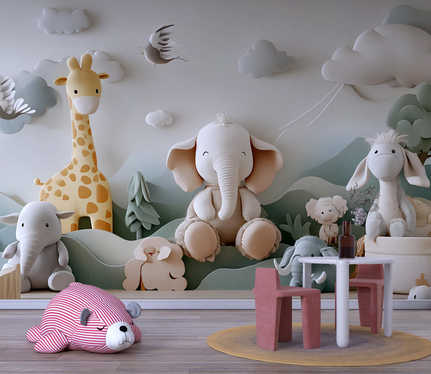 Safari Animal Nursery Wall Art - Jungle Theme Kids Room Decor - Elephant Giraffe Baby Wallpaper Vn 295