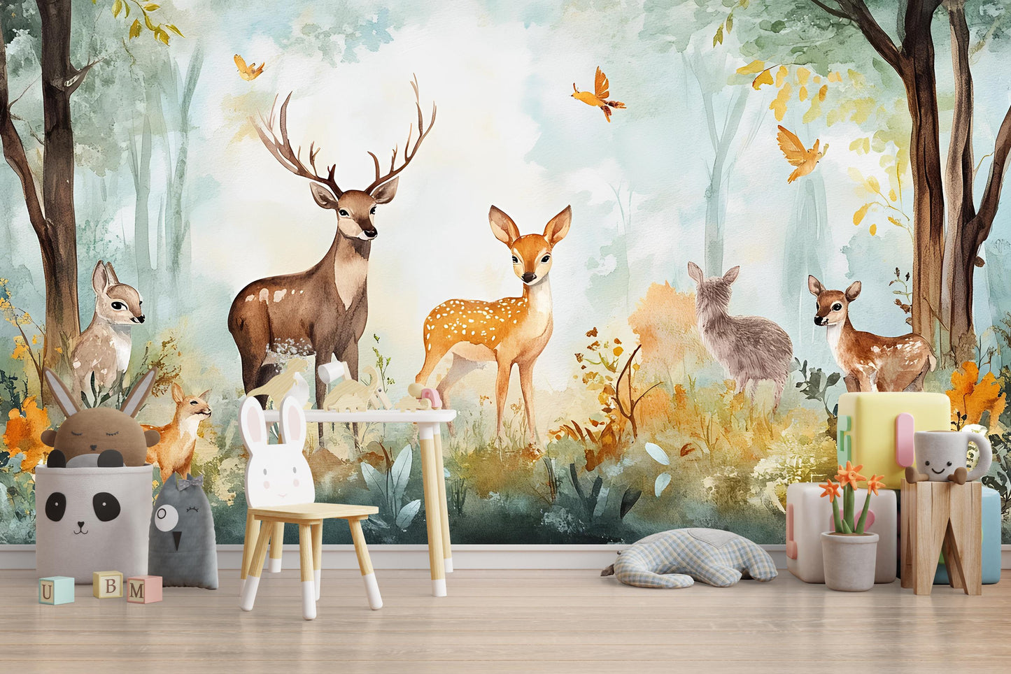 Woodland Deer Wall Mural for Kids Room – Forest Animal Nursery Wallpaper – Removable Jungle Nature Theme Décor Vn339