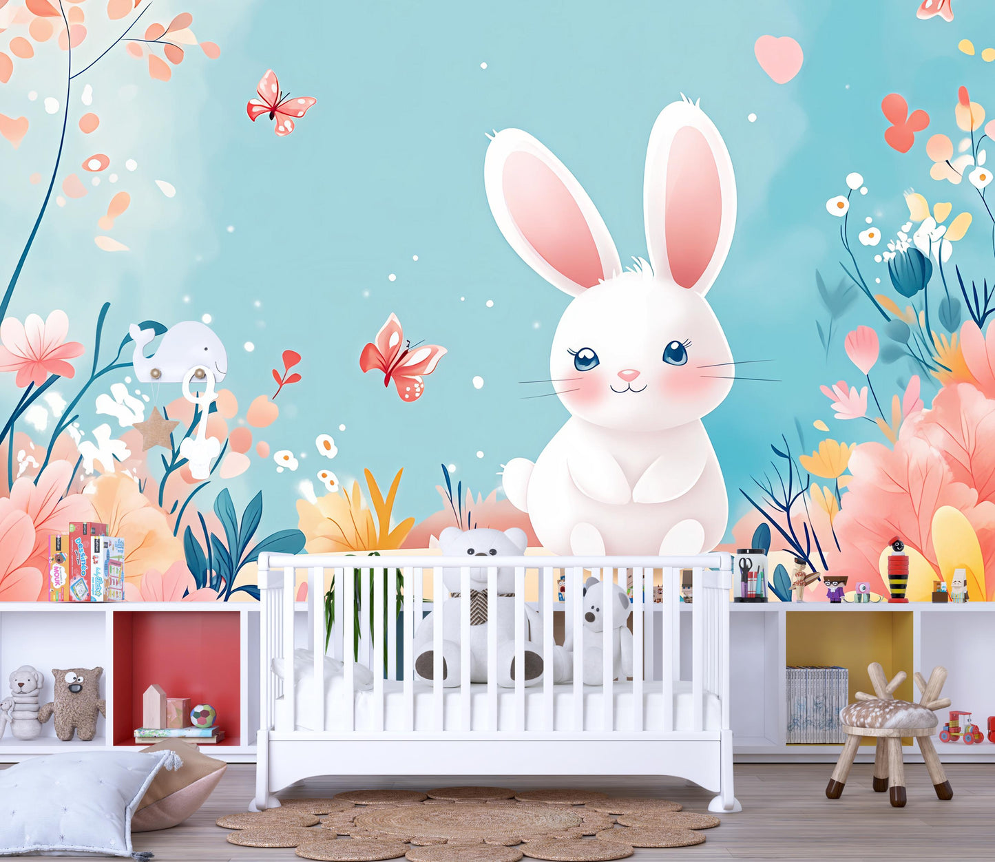 Whimsical Bunny Nursery Wall Mural | Pastel Animal Kids Room Decor | Cute Rabbit Wallpaper for Baby Girl Room Vn436