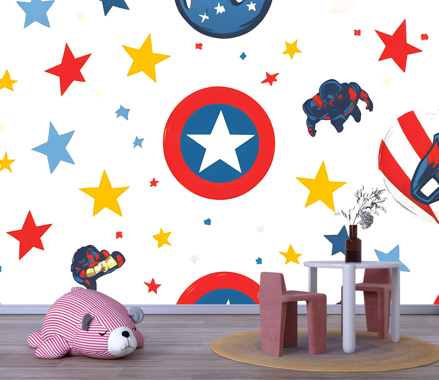 Superhero Kids Wall Mural | Captain America Shield Star Print | Boys Room Decor | Hero Nursery Wallpaper | Playroom Wall Art Vn275